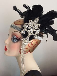 1920s Black Gatsby headpiece rhinestone feather by doramarra Roaring 20’s Ladies Hats, Gatsby Headband Party, Gatsby Party Headband, Wide Art Deco Head Band, Jazz Age Lawn Party, Great Gatsby Headpiece, Gatsby Hair, 1920s Headband, Gatsby Headpiece