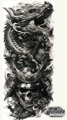 a dragon and skull tattoo design on the back of a man's arm,