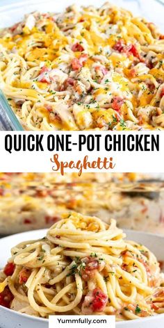 Cheesy Chicken Spaghetti made with tender rotisserie chicken, diced tomatoes, and a creamy cheddar-mozzarella sauce! One Pot Chicken Spaghetti, Creamy Chicken Spaghetti, Chicken Spaghetti Casserole, Leftover Rotisserie, Chicken Spaghetti Recipes, Leftover Rotisserie Chicken, One Pot Chicken, Chicken Spaghetti, Rotisserie Chicken Recipes