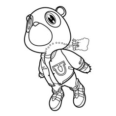 a cartoon bear with a football jersey on and the letter u in it's mouth