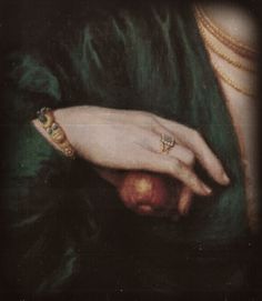 a painting of a woman's hand with a ring on her left wrist and an apple in her other hand