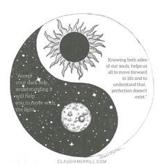 This contains an image of Spiritual Balance Tattoo, Balance Tattoo, Spiritual Balance, Yin Yang Art, Moon Quotes, Muster Tattoos, Sun And Moon Drawings, Energy Healing Spirituality, Moon Drawing