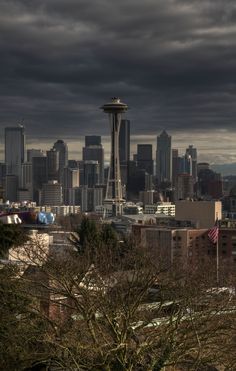 the space needle in seattle, washington state is seen from across the city's skyline