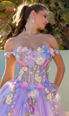 Get ready to feel like a fairy-tale princess in this long prom ball gown from Amelia Couture. With multi-colored 3-D flowers from the sweetheart neckline to the middle of the full and fabulous skirt, this off-the-shoulder long formal dress will leave an indelible mark on hearts and memories whether you are going to prom, a debutante ball, or another black-tie formal. The off-the-shoulder long a-line evening gown has banded sleeves that offer a sultry look as they romantically drape over the uppe Off Shoulder Ball Gown, Gown For Prom, Purple Prom, Off Shoulder Gown, Purple Prom Dress, Prom Ball Gown, Evening Dress Fashion, Maxi Dress Prom, Lace Evening Dresses