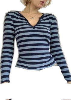 Kawaii Stripe Long Sleeve Tee Striped V Neck Long Sleeve Tee - AnotherChill Cute Fitted Blue T-shirt, Casual Light Blue V-neck T-shirt, Basic Blue Tops For Fall, Trendy Blue T-shirt For Fall, Y2k Style Stretch Blue Tops, Light Blue Fitted Y2k Top, Fitted Light Blue Y2k Top, Cute V-neck Top For Fall, Winter V-neck T-shirt