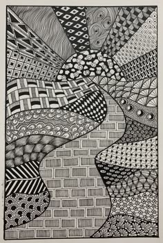 a black and white drawing of an abstract pattern on a brick wall with lots of different shapes