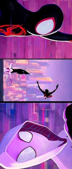 an animated scene with spider - man flying through the air, and another cartoon character floating on a hover