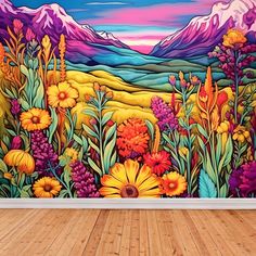 a room with wooden floors and a painting on the wall that has flowers in it