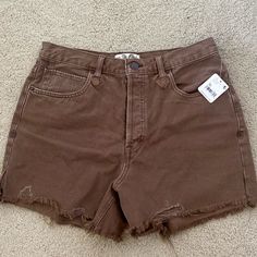 Free People Denim Brown Shorts. Never Worn Tags Attached Brown Denim Bottoms With Frayed Hem, Brown Relaxed Fit Summer Jeans, Brown High Rise Bottoms With Frayed Hem, Brown Bottoms With Frayed Hem For Spring, Casual Brown Bottoms With Frayed Hem, Brown Cutoff Shorts For Summer, Brown Denim Jean Shorts For Summer, Summer Cutoff Brown Shorts, Brown Denim Shorts For Summer