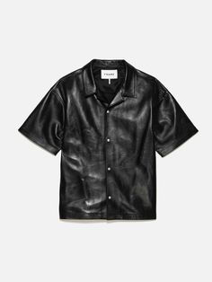 Casual Short Sleeve Leather Top, Black Leather Short Sleeve Shirt, Black Button-up Camp Shirt For Streetwear, Button Up Shirt Men, Leather Button-up Tops With Button Closure, Leather Button Up, Black Button-up Camp Shirt With Button Closure, Frame Store, Shorts Cargo