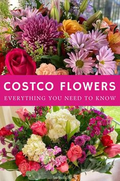 a vase filled with lots of colorful flowers on top of a window sill and the words costo flowers everything you need to know