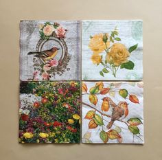 four napkins with flowers and birds on them