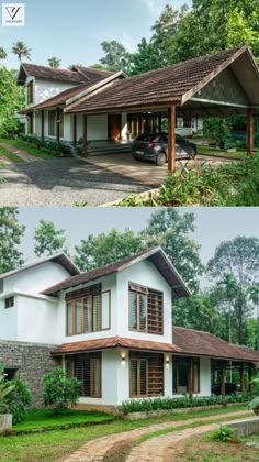 before and after photos of a house in the woods