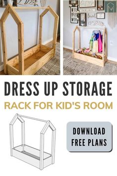 Toddler Room Ideas: Beds & Play Areas 🎨 Daycare Dress Up Area, Wooden Dress Up Rack, Playroom Dress Up Storage, Dress Up Storage Kids, Hanging Dress Up Clothes On Wall, Diy Princess Wardrobe, Princess Dress Storage Diy, Dress Up Play Organization, Dress Up Organization Ideas