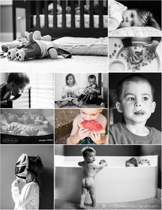 black and white photos of children playing, eating, and laying on their stomachs