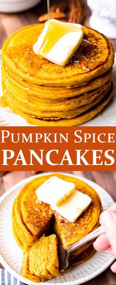 pumpkin spice pancakes with butter and syrup on top