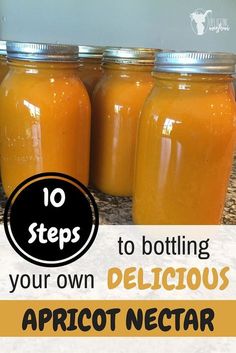 three jars filled with orange juice sitting on top of a counter next to each other