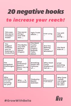 a pink poster with the words 20 negative hooks to increase your reach on it