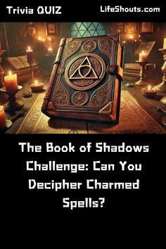 the book of shadows is sitting on top of a table with candles in front of it