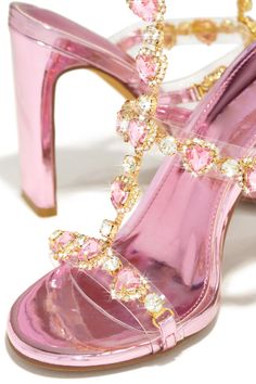 Pink Glamorous Synthetic Heels, Glamorous Pink Synthetic Heels, Pink Synthetic Heels For Wedding, Pink Rhinestone Round Toe Heels, Pink Rhinestone Heels With Round Toe, Pink Crystal Embellished Heels, Pink Heels For Valentine's Day Party, Pink Embellished High Heels, Sparkling Pink Heels For Spring