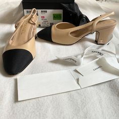 Nwb Chanel Interlocking Two Tone Black Beige Leather Slingback Pump 37 Heels6.5 Low Hight 2.8in New Condition With Defects .Few Black Marks From Storage,Not By Wearing.Please Review Pictures. Authentic With Serial Number With Barcode Label Box Dr Shoes, Chanel Casual, Beige Heels, Aesthetic Shoes, Shoe Inspo, Thick Heel, Thick Heels, Pretty Shoes, Dream Shoes