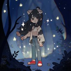 a girl with long black hair wearing a hat and jeans standing in front of stars