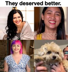 three pictures with two women and one man holding a dog, the third has pink hair