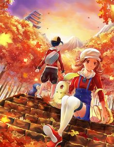 two anime characters sitting on the ground in front of trees with leaves and autumn colors