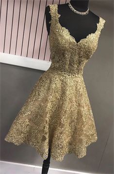 Prom Dresses,Gold v neck lace short prom dress, Short Gold Wedding Dress, Gold Prom Dresses Short, Quinceanera Dama Dresses Gold, Gold Ballroom Dress, Gold Dresses Short, Gold Short Dresses, Gold Dama Dresses, Short Gold Prom Dresses, Gold Sundress