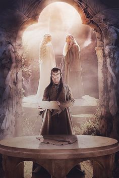 a man standing in front of a table with two women on it and an angel behind him