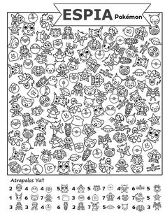 the i spy pokemon coloring page is shown in black and white with an arrow above it