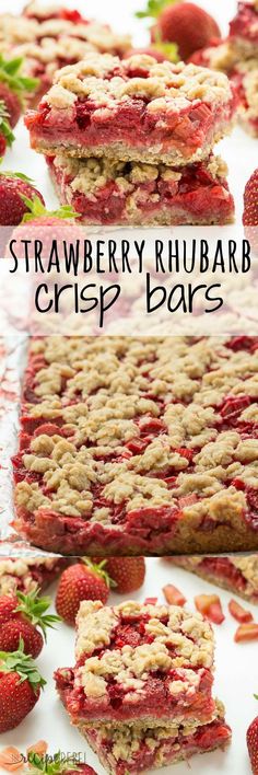 strawberry rhubarb crisp bars are stacked on top of each other and ready to be eaten