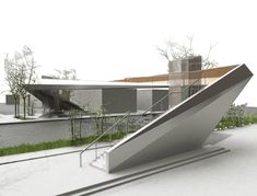 an architectural rendering of a modern building with stairs leading up to the roof and windows