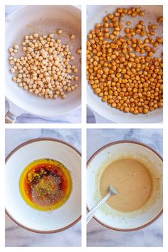 four pictures showing the steps to make roasted chickpeas with peanut butter and mustard