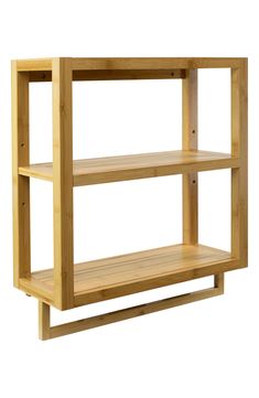 a wooden shelf with three shelves on each side