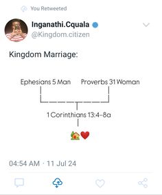 a tweet that reads, kingdom marriage ephesians 5 man proves 31 woman