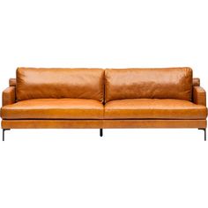 a brown leather couch with black legs