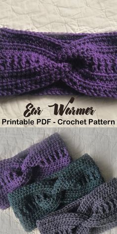 three crochet headbands with the text, knit warmer printable pdf - crochet pattern