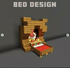 the bed design is made out of wood and has a red blanket on top of it