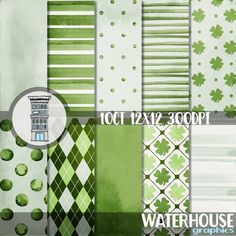 green and white digital papers with shamrocks on them