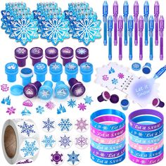 frozen princess party supplies including bracelets, pens, and snowflaker decorations