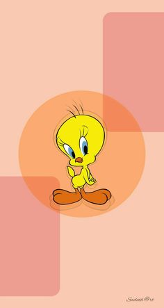 an image of a cartoon character with big eyes and yellow feet, standing in front of a pink background