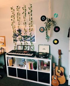 a room with various musical instruments and plants hanging on the wall above it is a white shelf with black bins filled with records