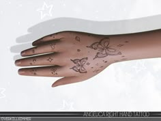 a woman's hand with tattoos on it and stars in the sky behind her