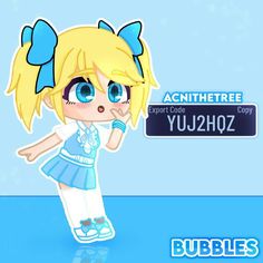 a cartoon girl with blue eyes and blonde hair standing in front of a sign that says bubble