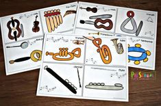 four different pictures of musical instruments on paper