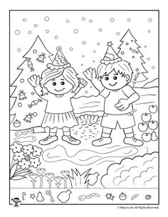 a coloring page with two children playing in the snow, one is holding his hand up to