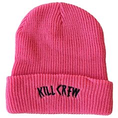 Classic knit fold up beanie Embroidered Kill Crew 100% acrylic Approximate length 11.5" inches (un-cuffed) Kill Crew, Cuffed Beanie, All Black Everything, Cute Hats, Folded Up, All Black, Piercings, Cuff, Knitting