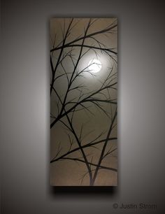 a painting of a tree with the moon in the sky behind it, on a wall