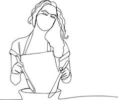 a line drawing of a woman in an apron holding a knife and fork over a bowl